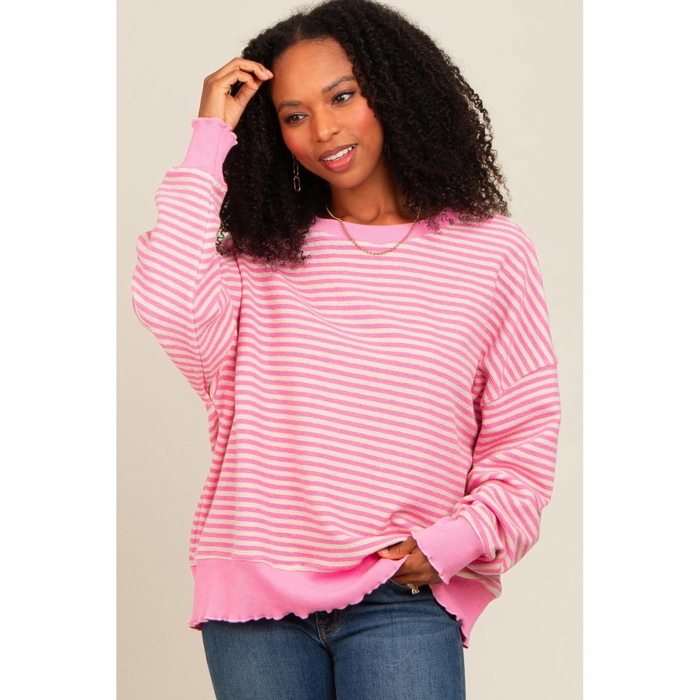 Third Love Boutique Brand Pink Striped Ruffle Hem Long Sleeve Top‎